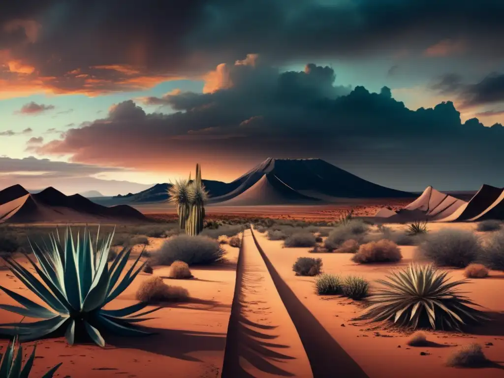 Un paisaje surrealista evocando la atmósfera de Pedro Páramo de Juan Rulfo en México profundo