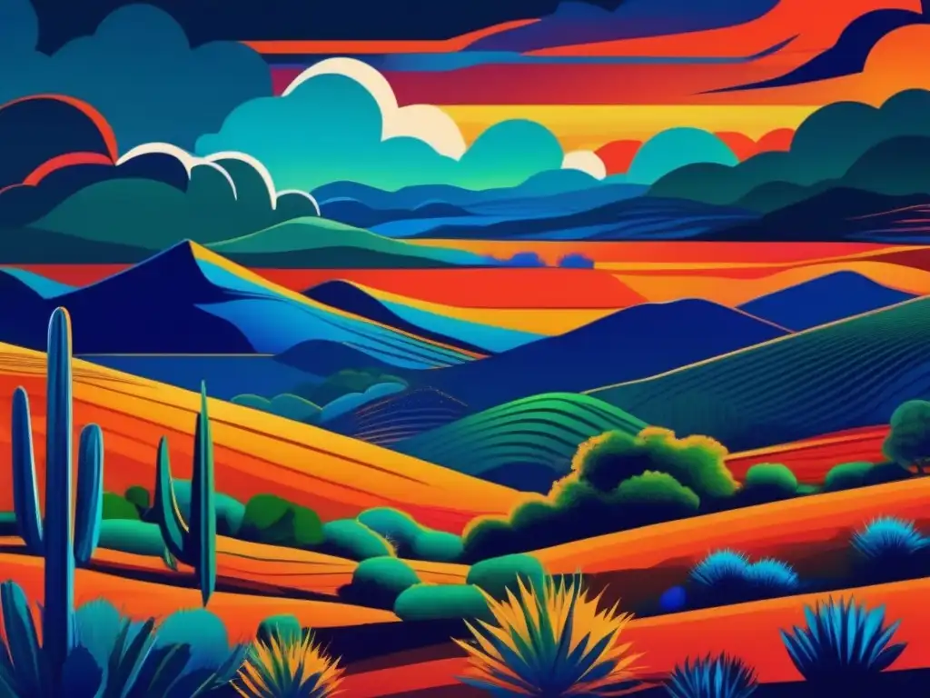 Un paisaje surrealista del México profundo, con colores intensos y un cielo tormentoso