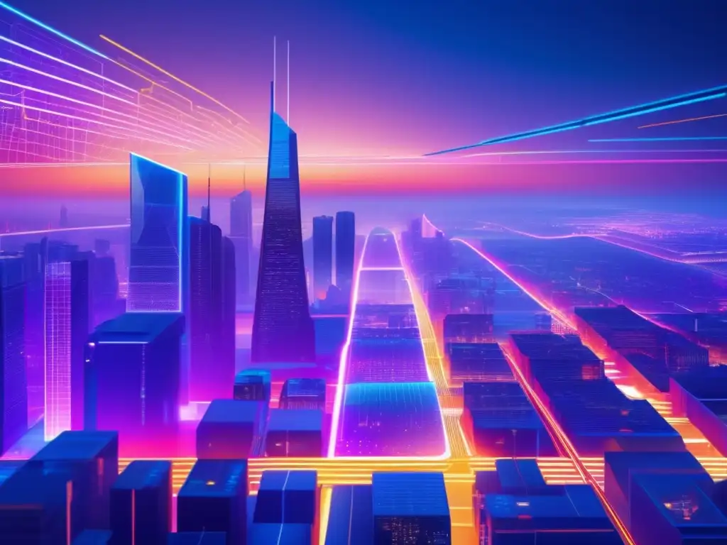 Un paisaje urbano futurista al atardecer, con rascacielos iluminados por luces neón