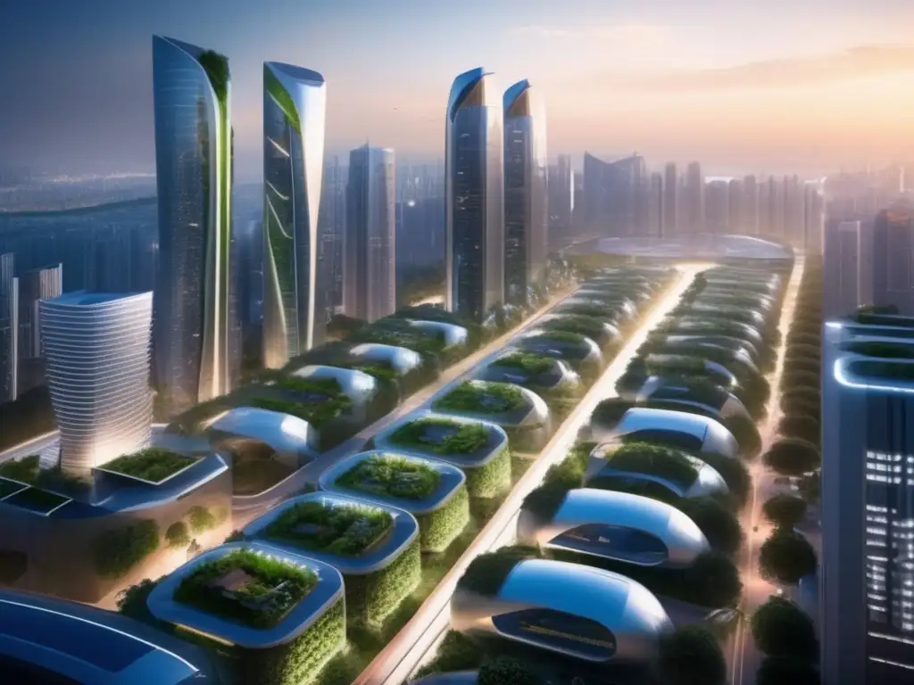 Un paisaje urbano futurista al atardecer, con imponentes rascacielos adornados con jardines verticales y paneles solares