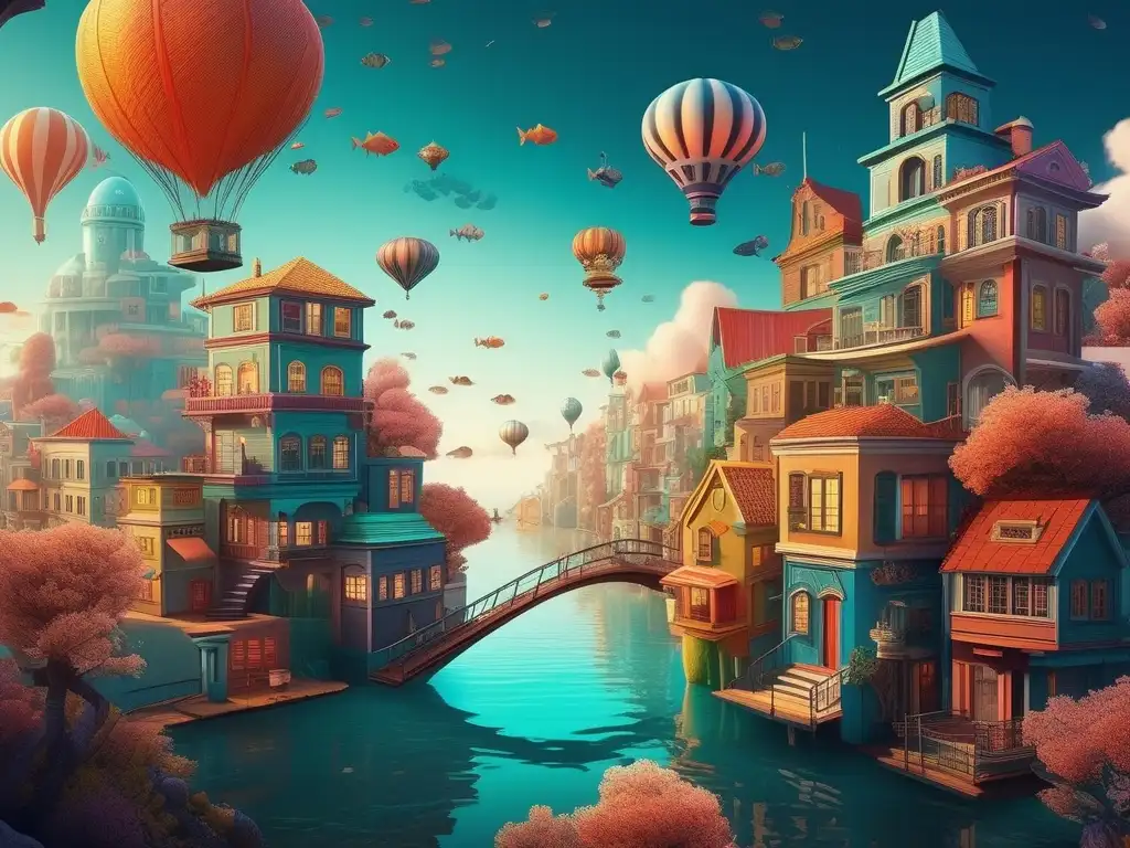 Un paisaje urbano surrealista con edificios flotantes, escaleras retorcidas y colores vibrantes