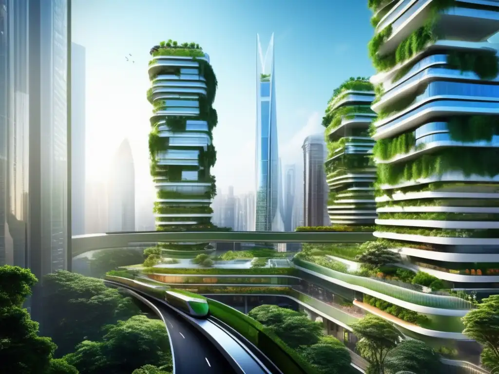 Un paisaje urbano vibrante y futurista con rascacielos imponentes hechos de materiales sostenibles y reciclables