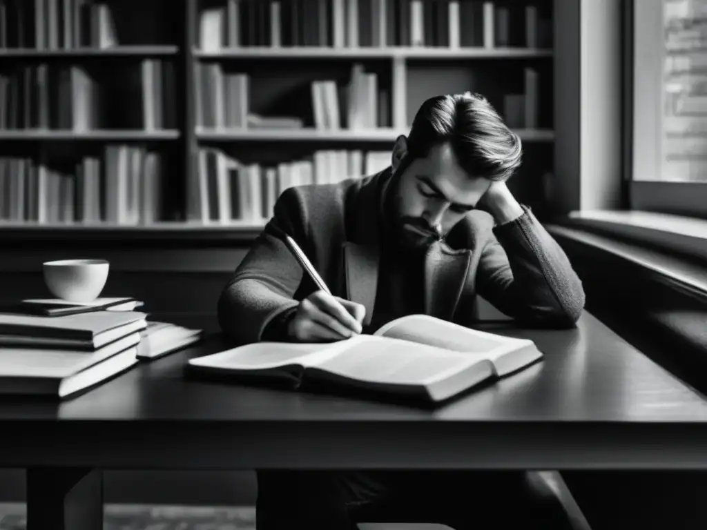 En la penumbra de un café, una figura solitaria reflexiona, rodeada de libros y materiales de escritura