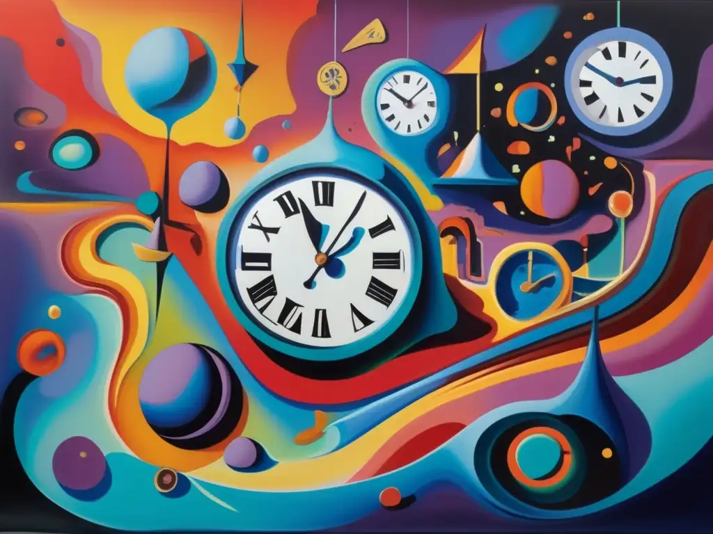 Una pintura caótica y onírica que evoca el surrealismo, con relojes fundidos y figuras distorsionadas