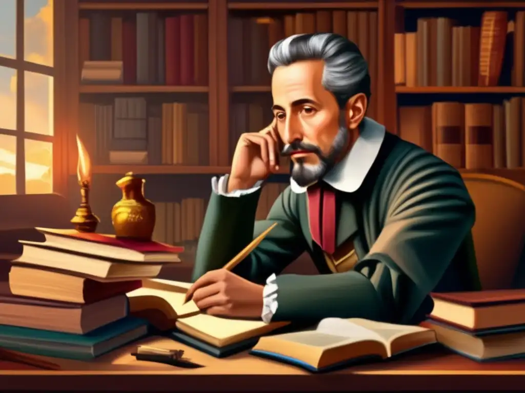 Una pintura digital de Miguel de Cervantes en su escritorio, rodeado de libros y plumas