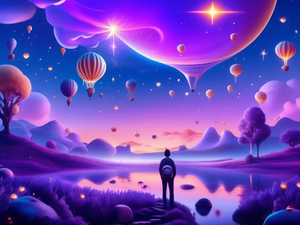 Una pintura digital ultradetallada de un paisaje onírico con relojes fundiéndose, criaturas surrealistas y un cielo de lavanda con estrellas luminosas