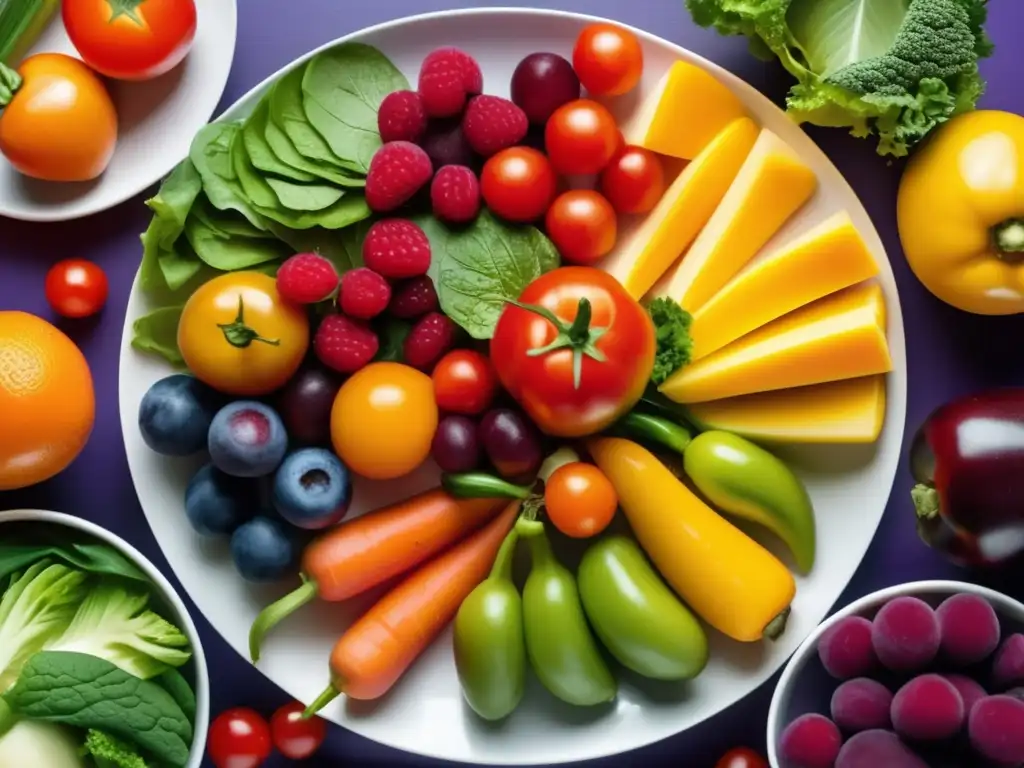 Un plato exquisitamente arreglado con frutas y verduras frescas y vibrantes resalta la importancia de la química inorgánica en la alimentación