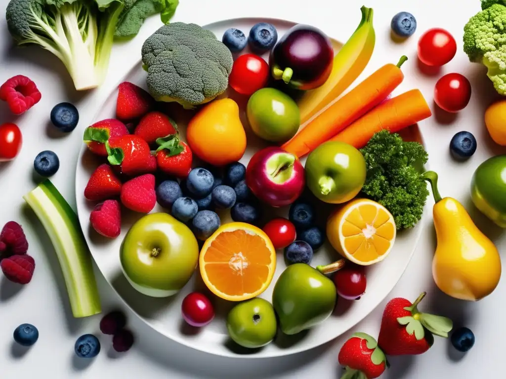 Un plato lleno de frutas y verduras vibrantes y frescas, dispuestas de forma artística