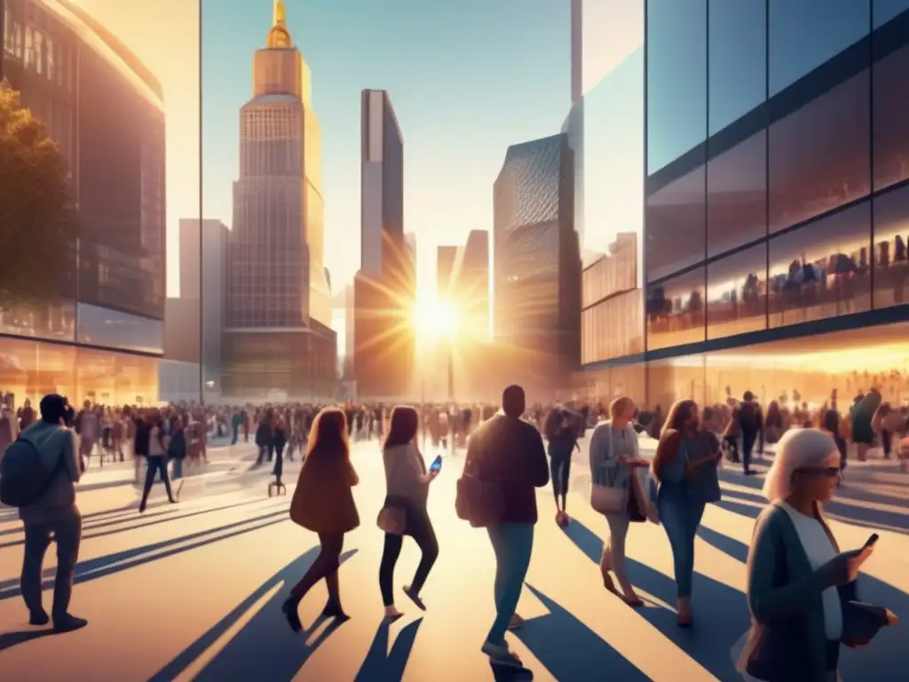 Una plaza de ciudad moderna llena de gente usando dispositivos electrónicos, reflejando la influencia de las redes sociales en la historia contemporánea