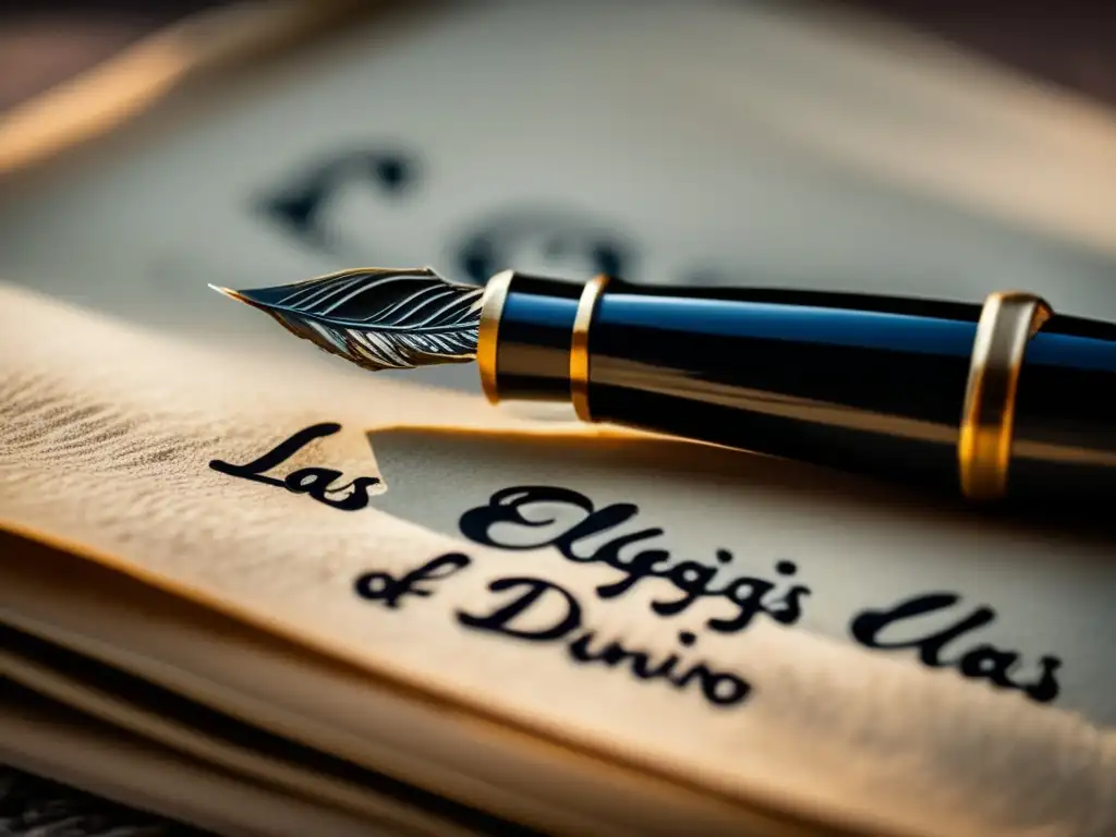 Una pluma vintage descansa sobre 'Las Elegías de Duino' de Rilke, evocando la interpretación de la obra