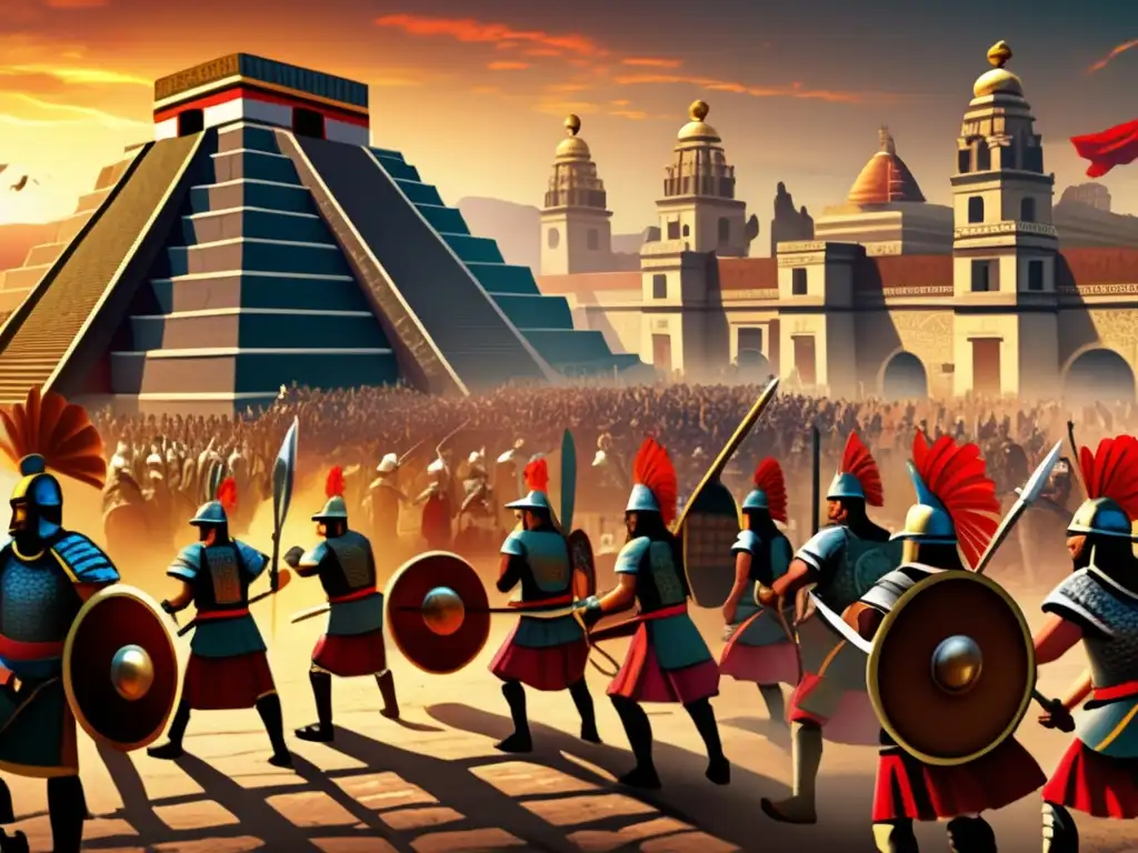 El poder y la religión del Imperio Azteca se ven reflejados en una ilustración digital detallada y dramática de la caída de Tenochtitlán