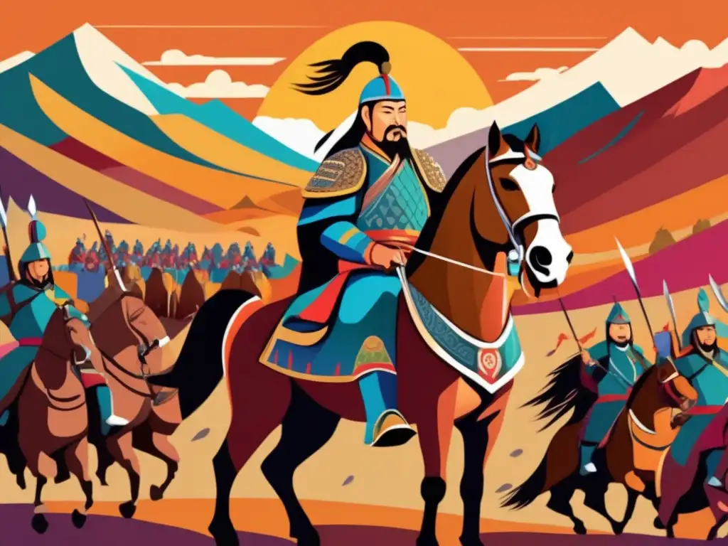 Un poderoso Genghis Khan lidera un diverso ejército mongol en un paisaje expansivo
