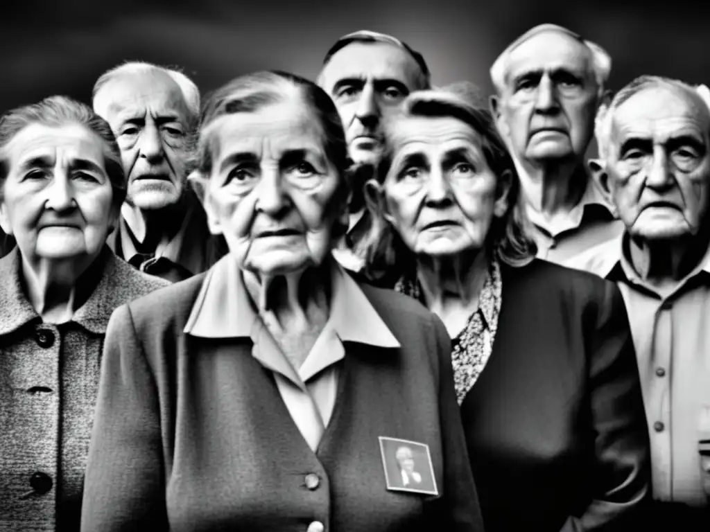 Un poderoso retrato en blanco y negro de sobrevivientes del Holocausto, con sus rostros transmitiendo la fuerza y esperanza de sus testimonios