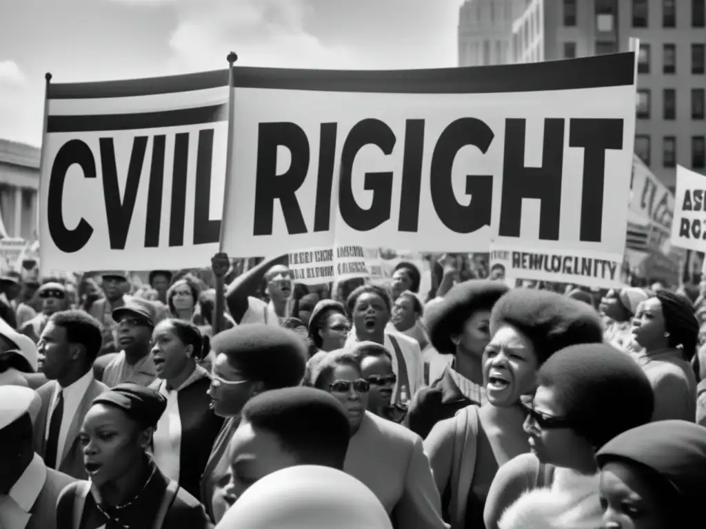 Un poderoso retrato en blanco y negro de una multitud diversa marchando juntos por los derechos civiles en América en el siglo XX