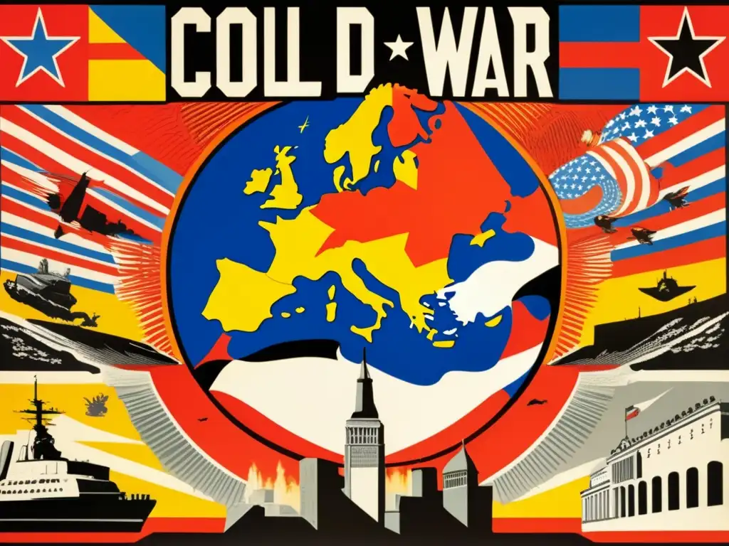 Un póster de propaganda en la Guerra Fría muestra una Europa dividida en opresión y libertad, con colores llamativos y simbolismo impactante