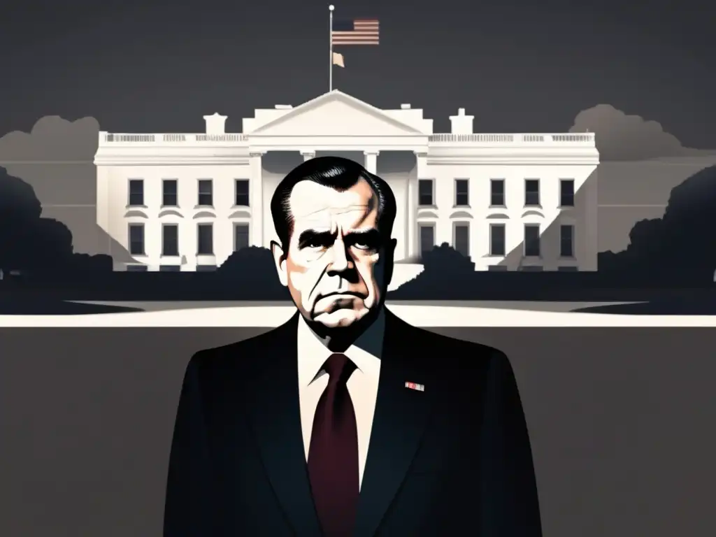 En la ilustración, Richard Nixon parece preocupado frente a la Casa Blanca, con una atmósfera oscura y ominosa