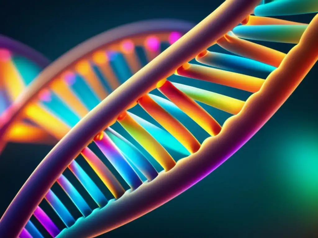 Un primer plano de una estructura de doble hélice de ADN, con colores vibrantes y brillantes que representan las diferentes bases nucleótidas