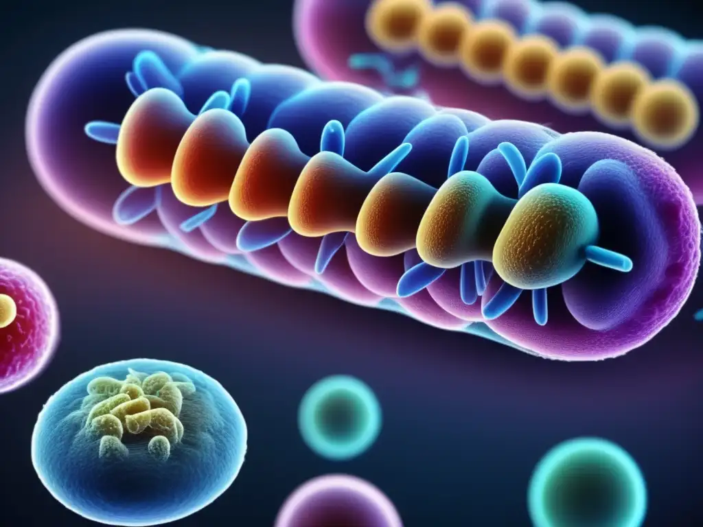 Un primer plano microscópico de bacterias resistentes a antibióticos, destacando su estructura detallada y los mecanismos específicos que les permiten resistir los efectos de los antibióticos