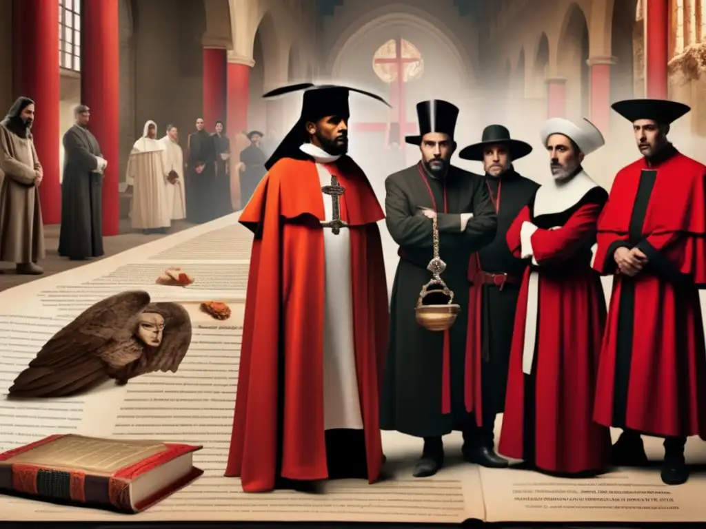 En primer plano, una representación solemne de diversas culturas, víctimas de la Inquisición