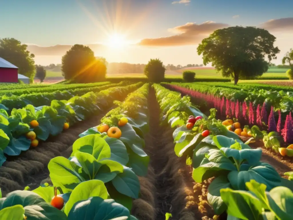 Un próspero huerto orgánico rebosante de frutas y verduras coloridas, bañado por la luz dorada del sol