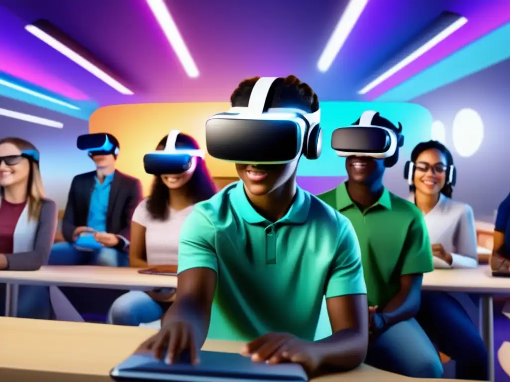 Implementación de Realidad Aumentada en Educación: Estudiantes entusiastas exploran y aprenden en un entorno futurista de realidad virtual