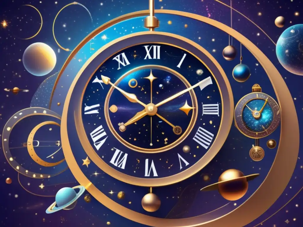 Un reloj cósmico universo tiempo, con patrones celestiales y galaxias de fondo, mostrando la medida del tiempo en el universo