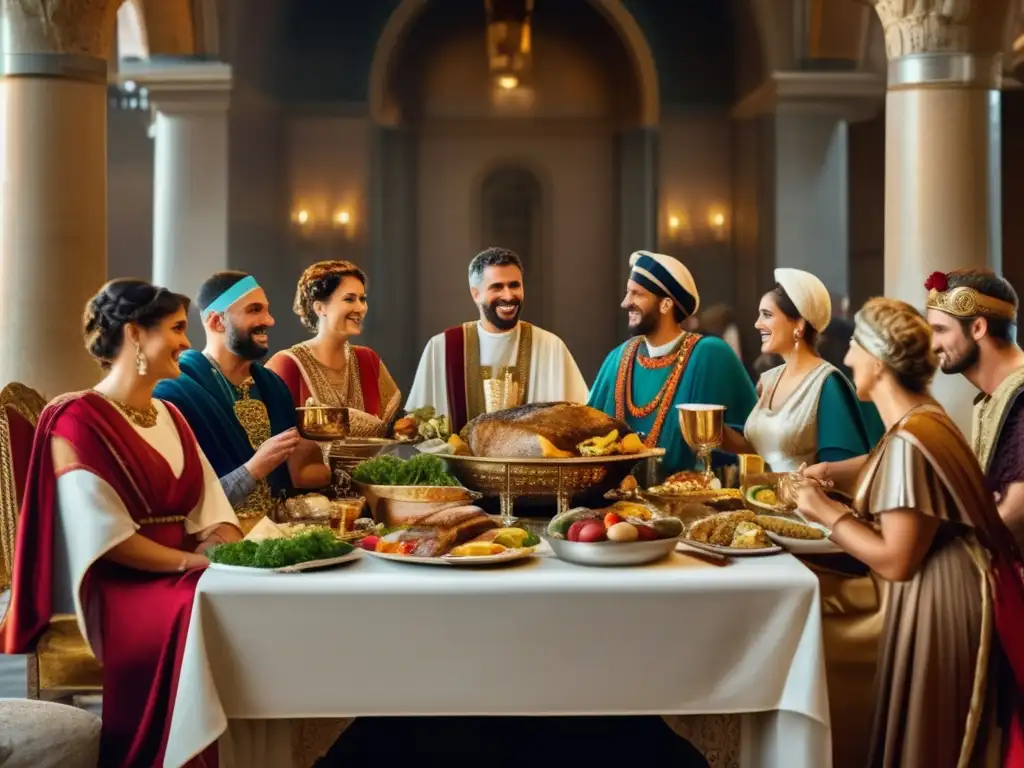 Una representación detallada de un banquete romano antiguo, mostrando la opulencia y sofisticación de la historia gastronomía Europa