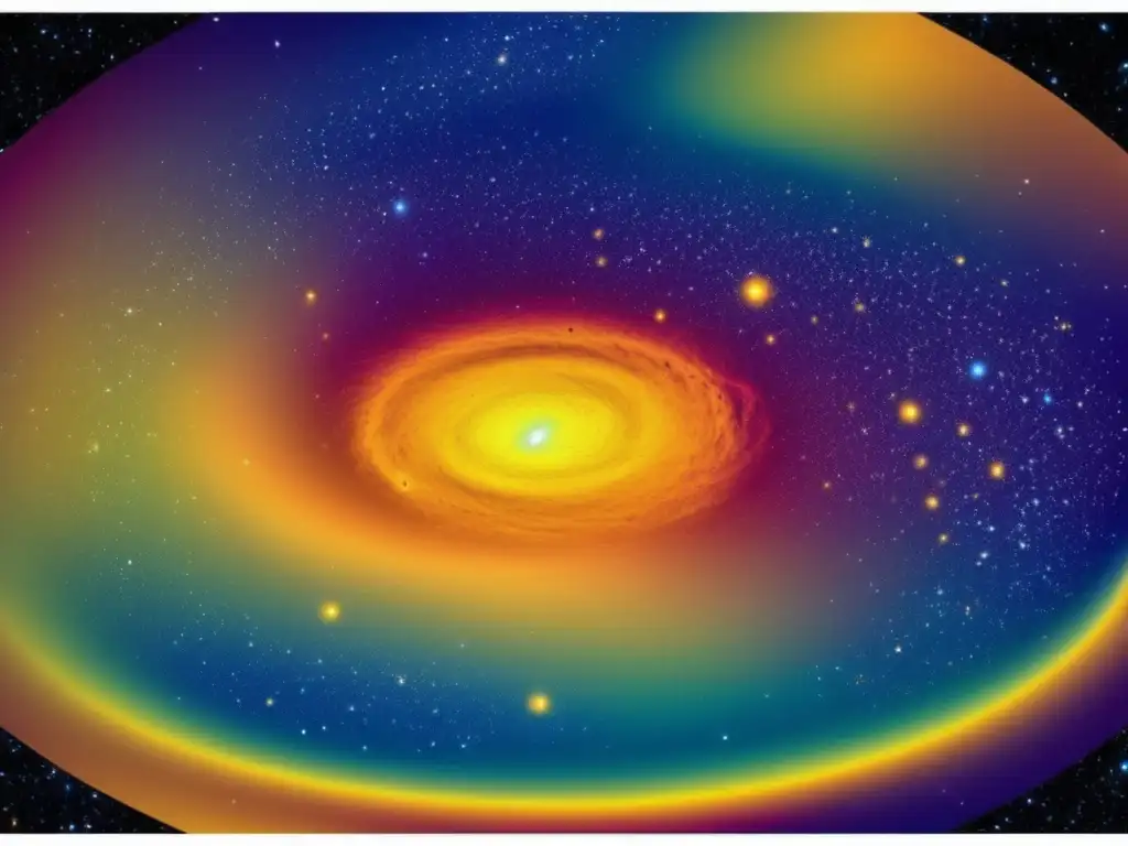 Una representación detallada y cautivadora de la radiación de fondo cósmico, ilustrando la perspectiva astrofísica del Big Bang