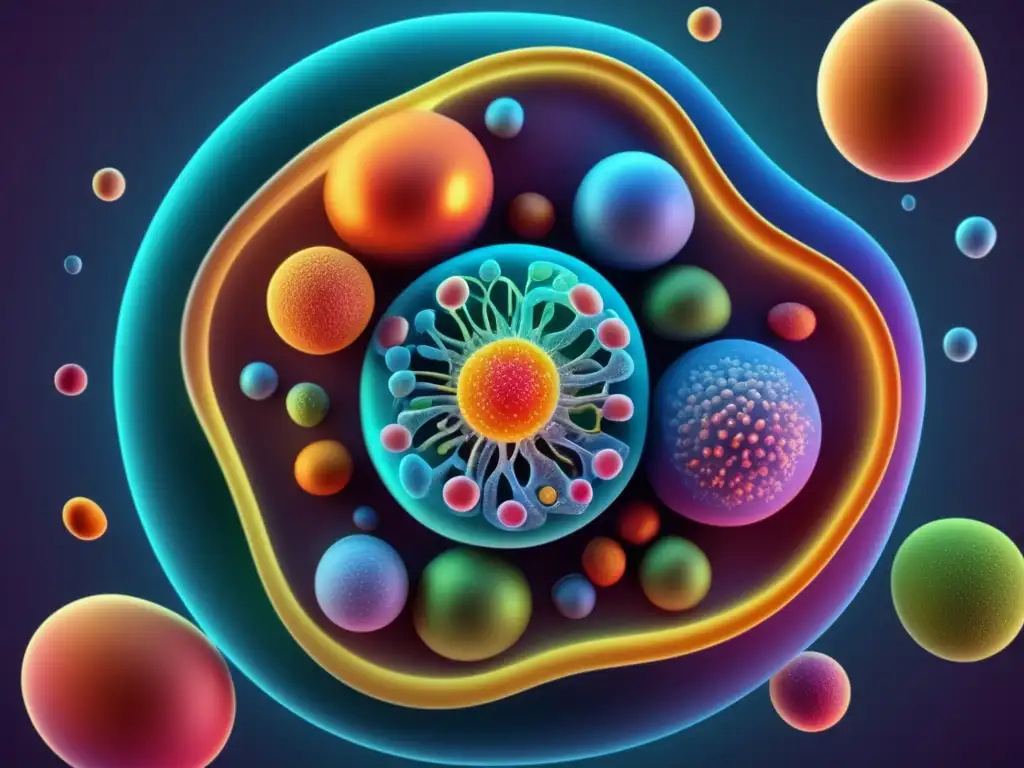 Una representación detallada en 8k de una célula eucariota, con sus organelos y maquinaria molecular destacados