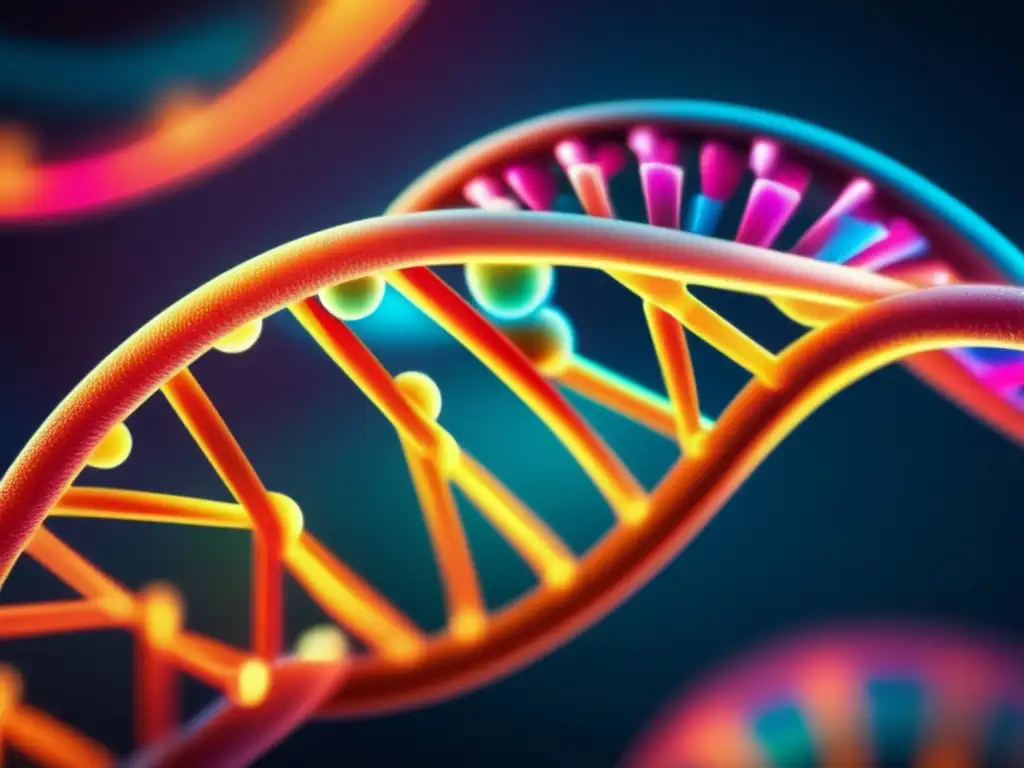 Una representación detallada y colorida de la estructura molecular de una cadena de ADN clonado, evocando técnicas de clonación molecular avanzada