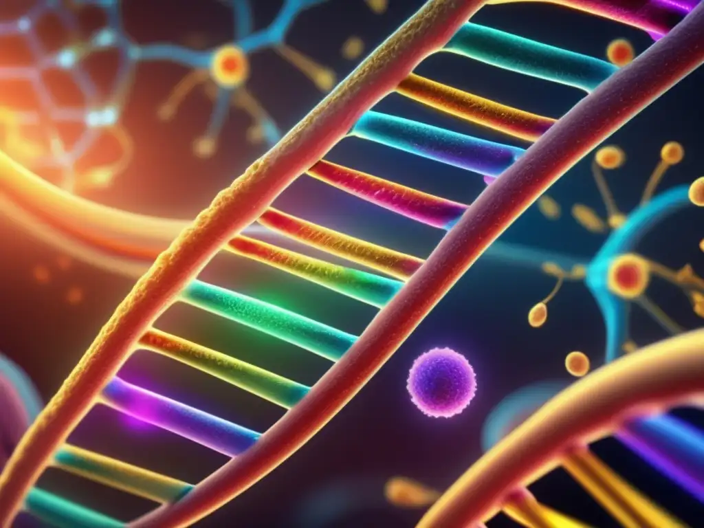 Una representación detallada en ultra alta definición de la transcripción y traducción de un gen en una célula, mostrando ribosomas coloridos y ARN polimerasa en acción, rodeados de intrincadas estructuras moleculares y vías de señalización, destacando el complejo proceso de regulación de la expresión génica