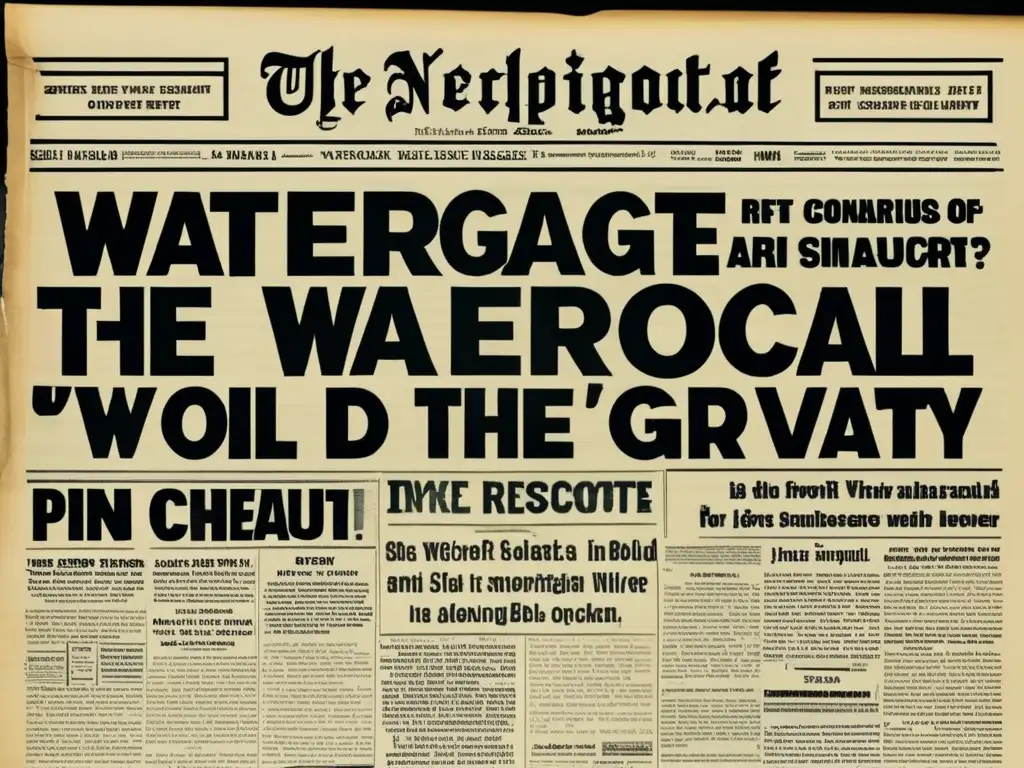 Una fotografía en alta resolución de un titular de periódico vintage que anuncia el escándalo Watergate con fuentes audaces y dramáticas