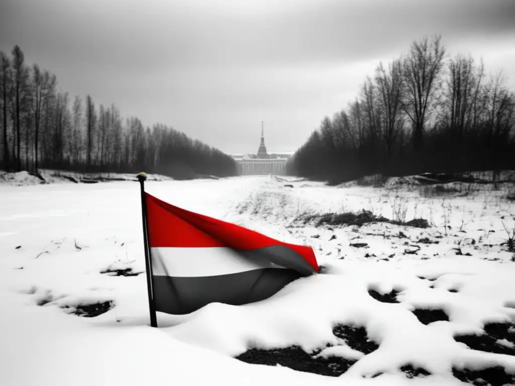 Un retrato en blanco y negro de una bandera desgarrada de la Unión Soviética, parcialmente cubierta de nieve, entre edificios abandonados y vegetación