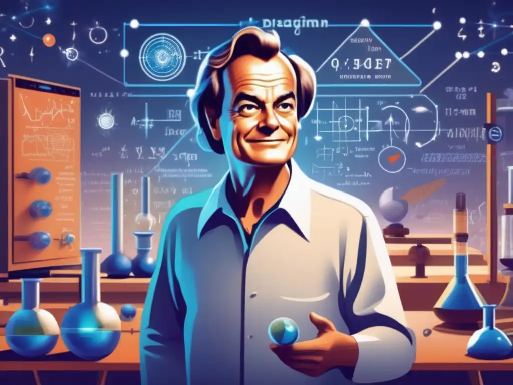 Un retrato digital detallado de Richard Feynman rodeado de ecuaciones y diagramas en un laboratorio, con expresión intensa y gestos curiosos