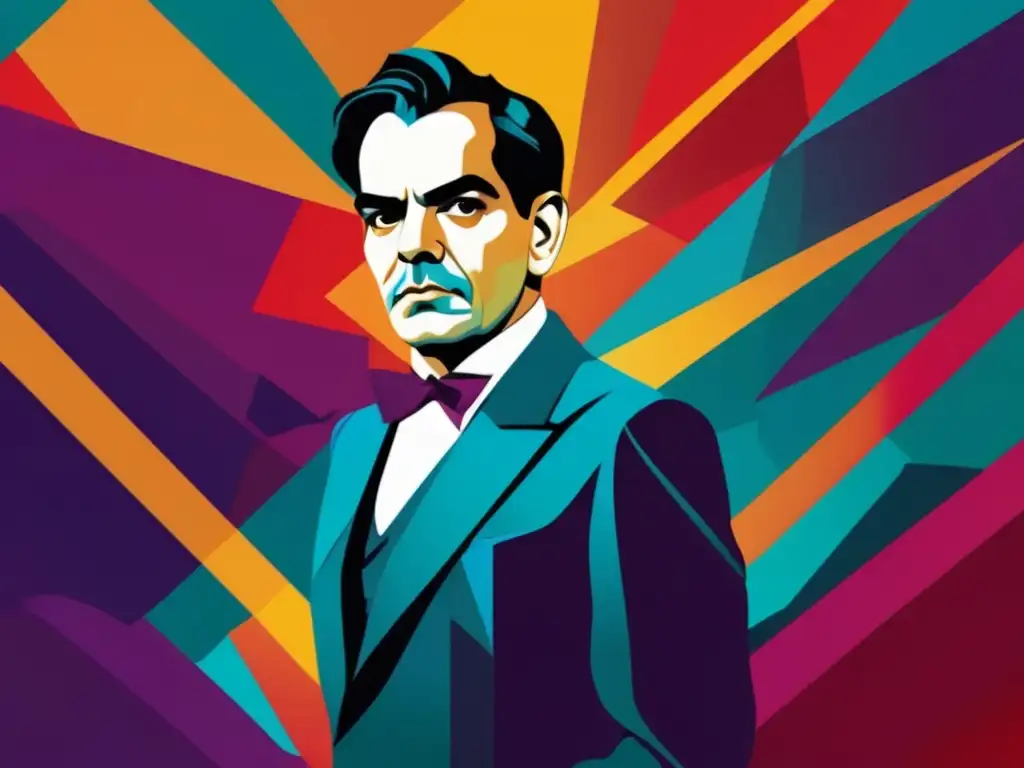 Un retrato digital moderno de Federico García Lorca frente a un vibrante teatro español abstracto