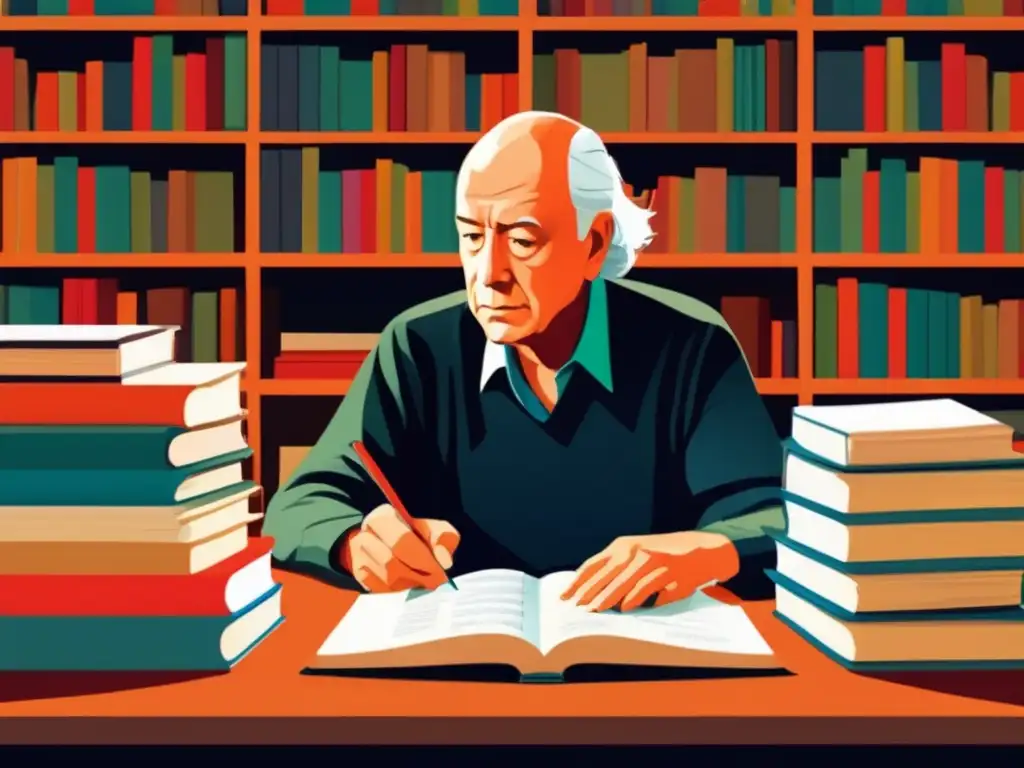 Eduardo Galeano reflexiona rodeado de libros y papeles, capturando la importancia del ensayo en Latinoamérica