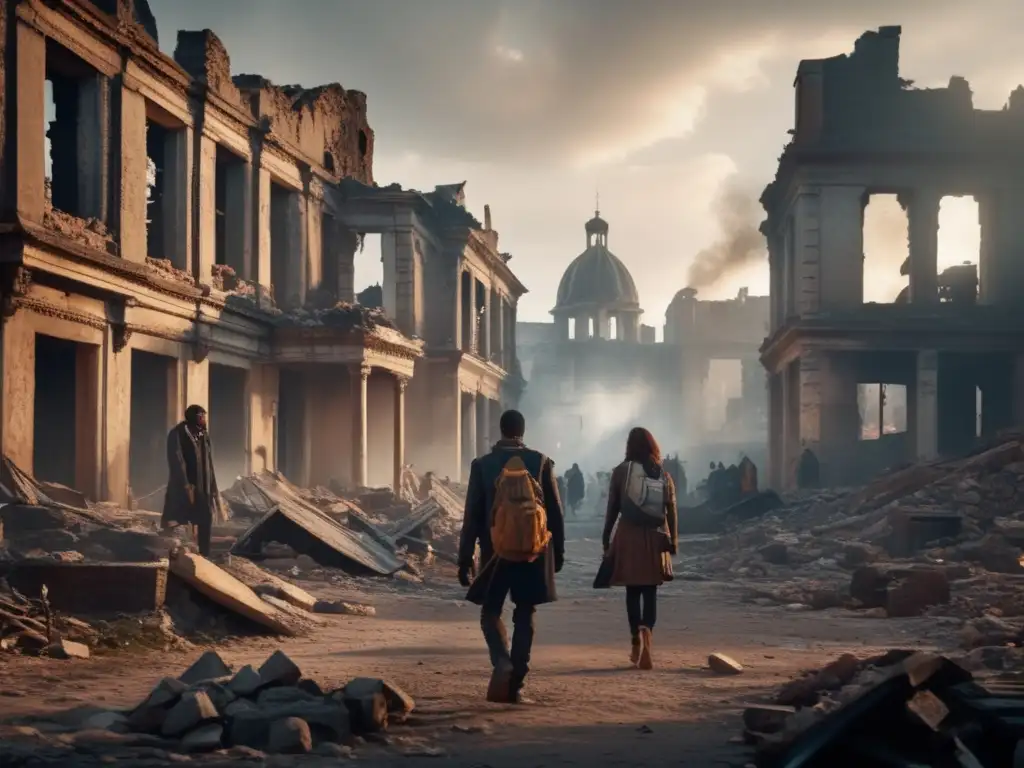 Ruinas de edificios en una ciudad devastada por la guerra, con escombros y humo