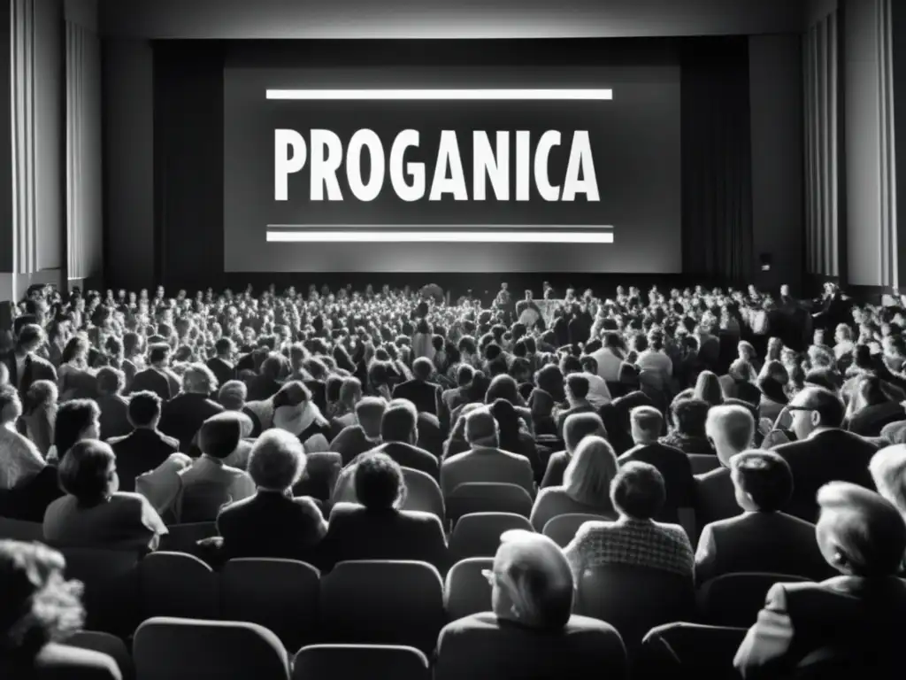 En una sala de cine abarrotada, personas de distintas edades y orígenes, atentas a una película de propaganda en blanco y negro sobre la Guerra Fría
