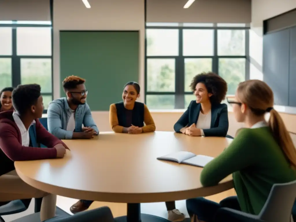 En una sala de clase moderna y luminosa, estudiantes diversos participan activamente en una discusión junto a su tutor