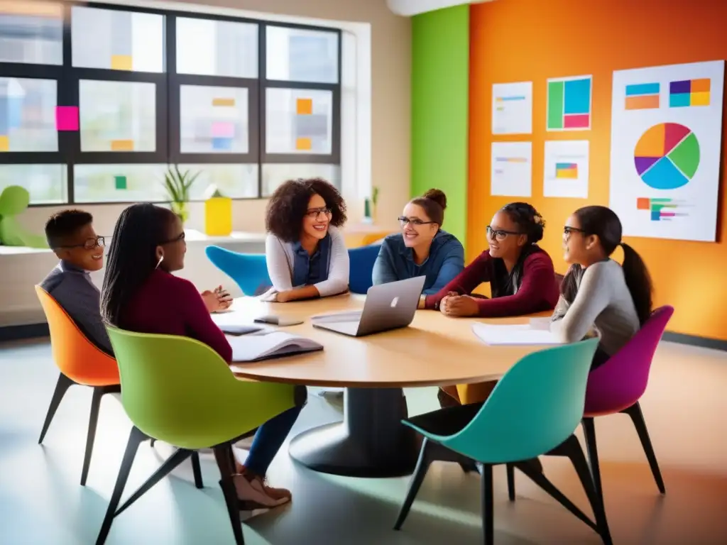 En una sala de clases contemporánea, estudiantes diversos participan activamente en tutorías especializadas