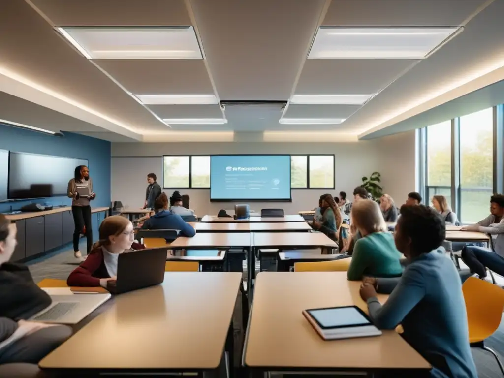 Una sala de clases moderna, llena de luz natural, equipada con tecnología de vanguardia