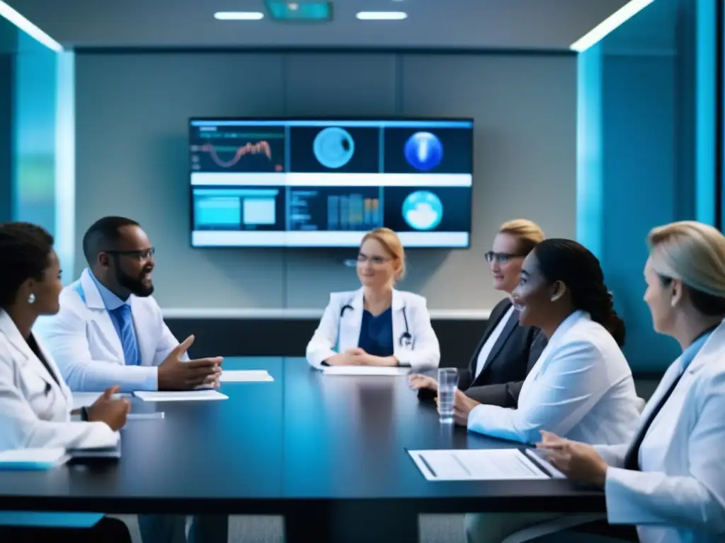 En una sala de conferencias moderna y bien iluminada, un grupo diverso de profesionales médicos discute apasionadamente