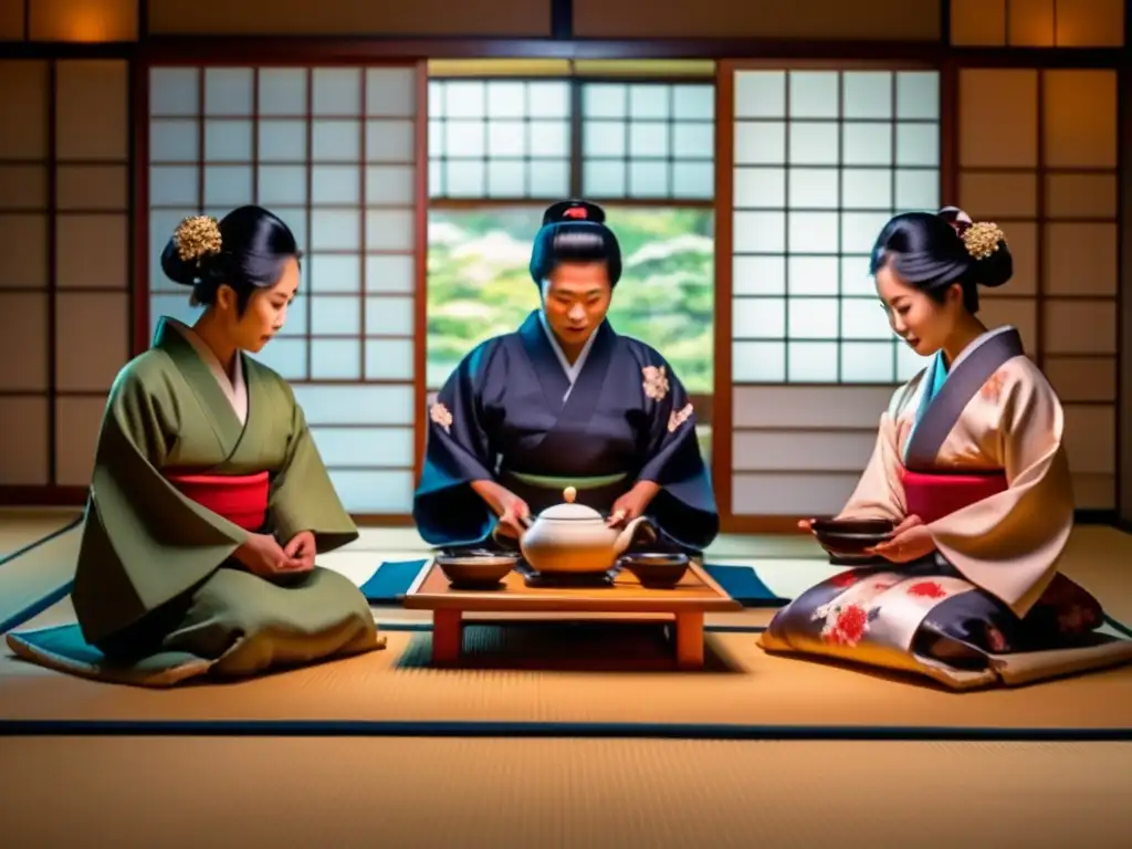 En una sala de tatami bellamente decorada, un maestro del té japonés realiza con gracia el ritual del té