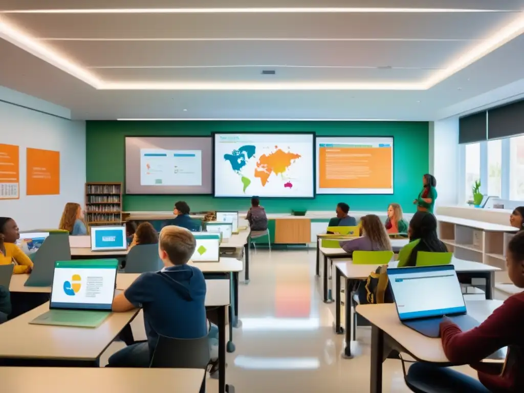 Un salón de clases moderno y espacioso, bañado en luz natural, con estudiantes comprometidos en una emocionante experiencia de aprendizaje práctico