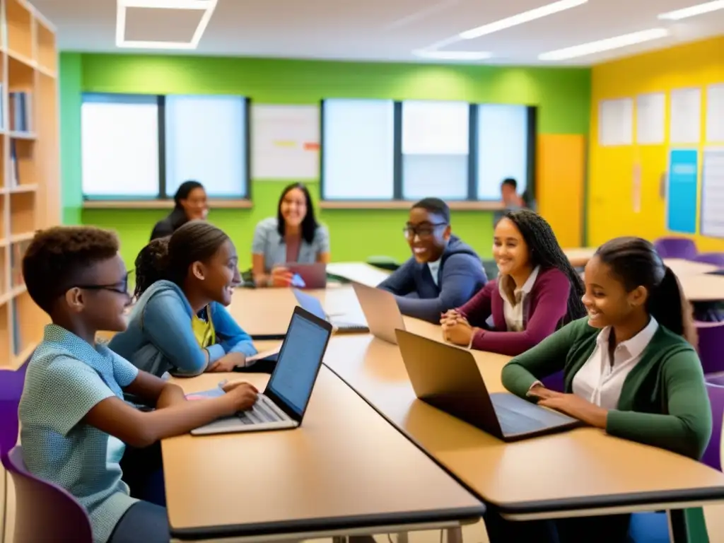 Un salón de clases moderno y luminoso donde los estudiantes participan en tutorías de aprendizaje significativo Ausubel