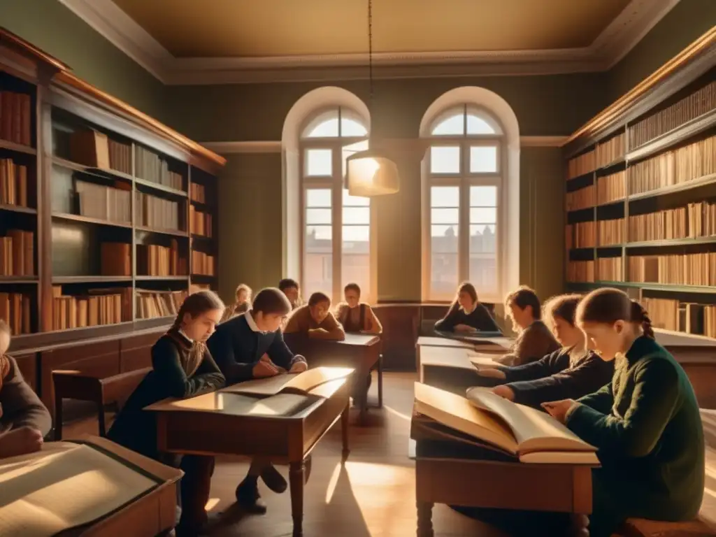 Un salón de clases en Rusia del siglo XIX, con estudiantes inmersos en la lectura de Dostoyevsky y Tolstoy