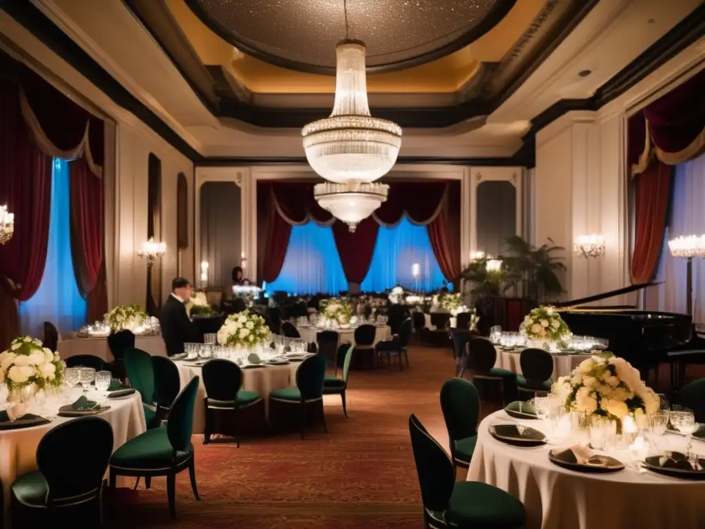 Un salón elegante de la Belle Époque con lujosos candelabros, muebles de terciopelo y un imponente piano