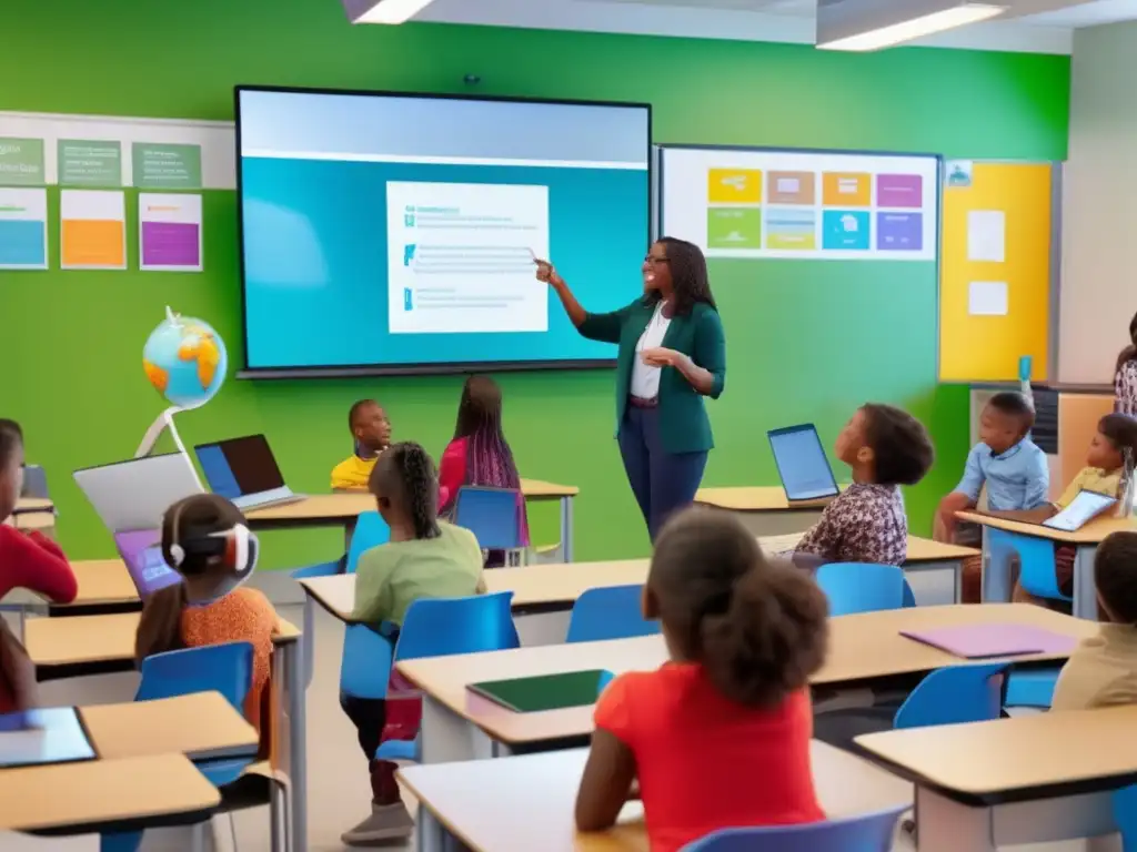 Un salón moderno con colores vibrantes y herramientas educativas innovadoras