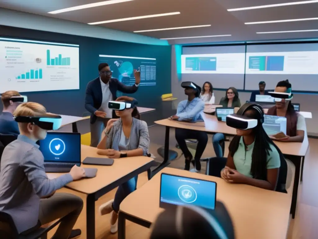 Un salón moderno lleno de tecnología avanzada: estudiantes con visores de realidad virtual interactúan con datos financieros holográficos