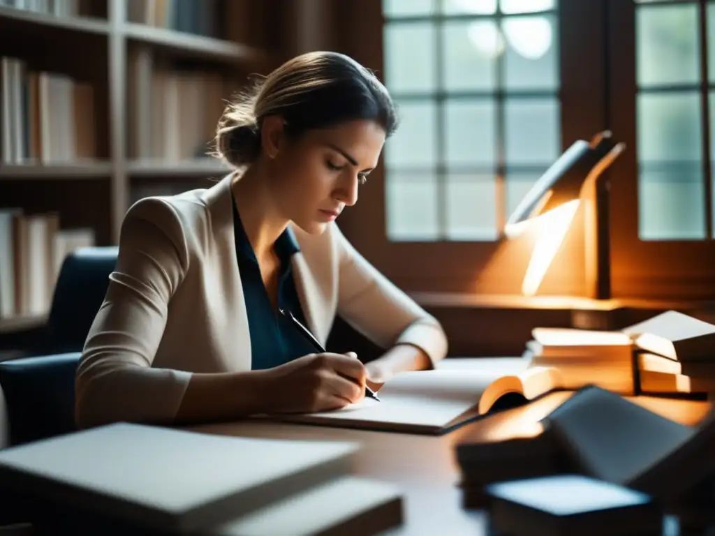 Samanta Schweblin, escritora, se concentra en su escritorio rodeada de libros y papeles